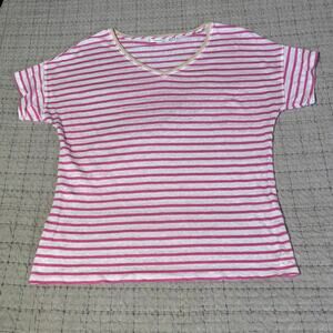 Chico’s Pink White Striped Linen V Neck Short Sleeve Top Women’s Medium